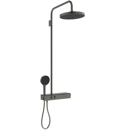 Duschsystem mit Brausethermostat in grauer Farbe, bestehend aus einer overhead Brause und einer Handbrause, angeboten von Ideal Standard.